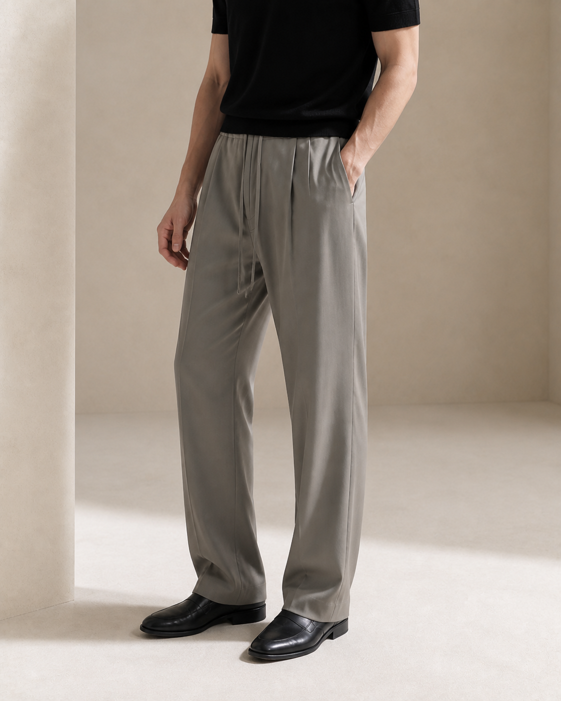 Wool–Triacetate Drawstring Trousers – Olive Grey
