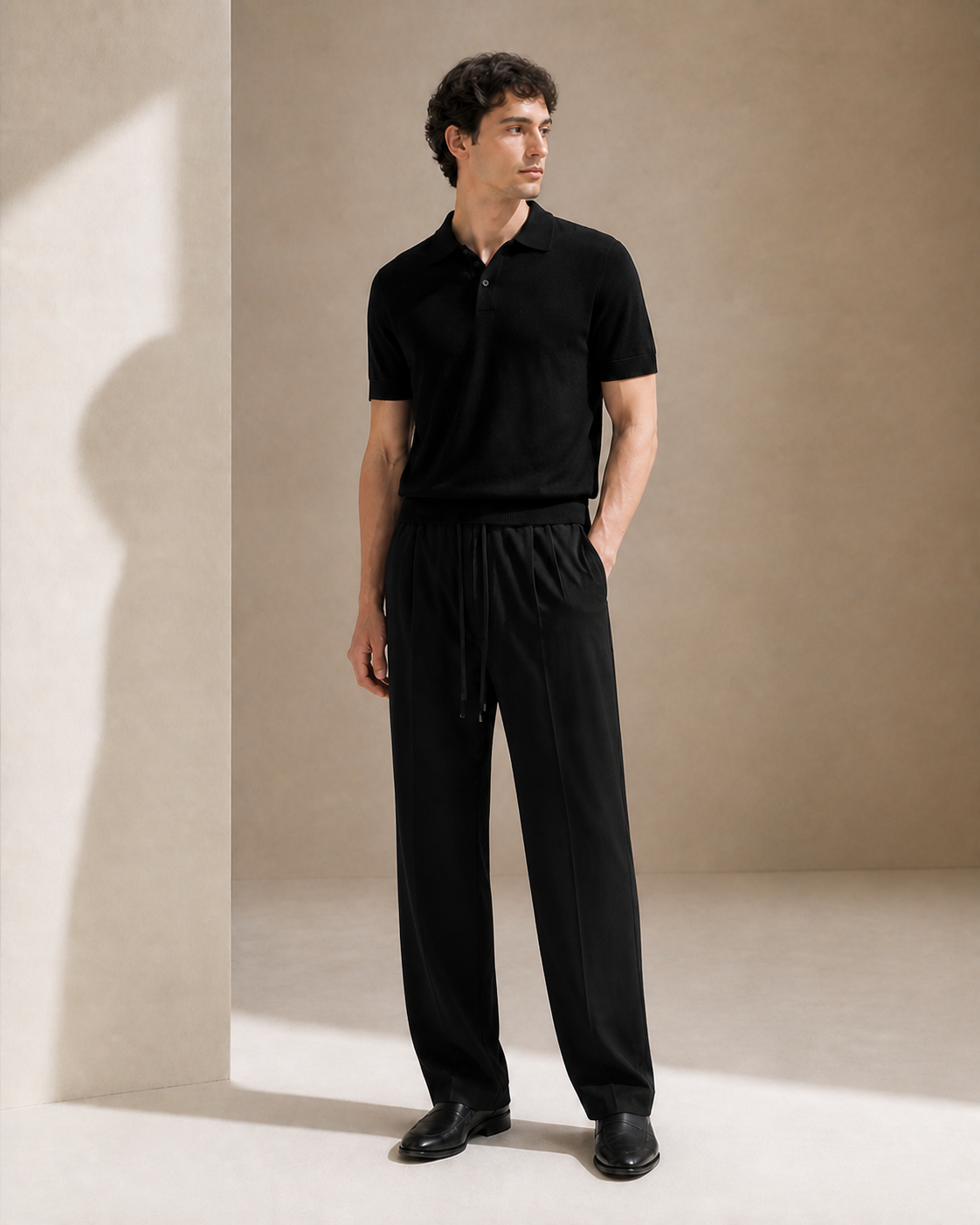 Wool–Triacetate Drawstring Trousers – Black