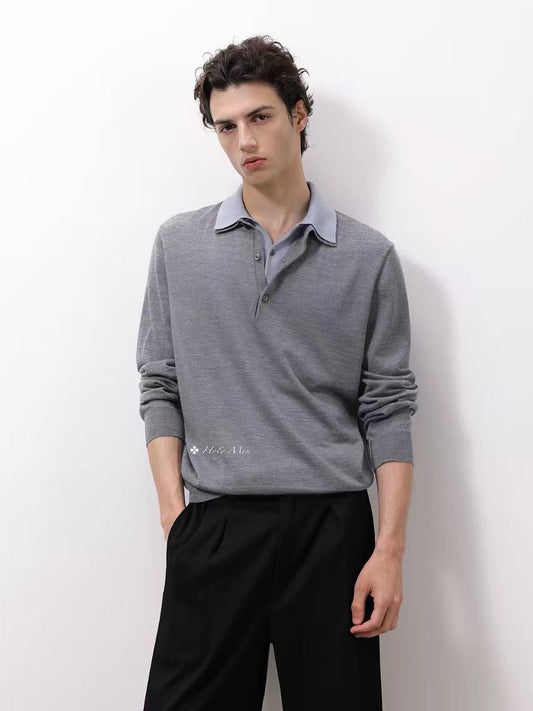 Merino Wool Contrast Collar Polo Sweater