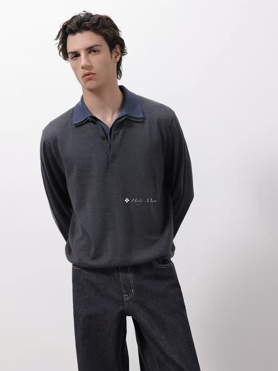 Merino Wool Contrast Collar Polo Sweater
