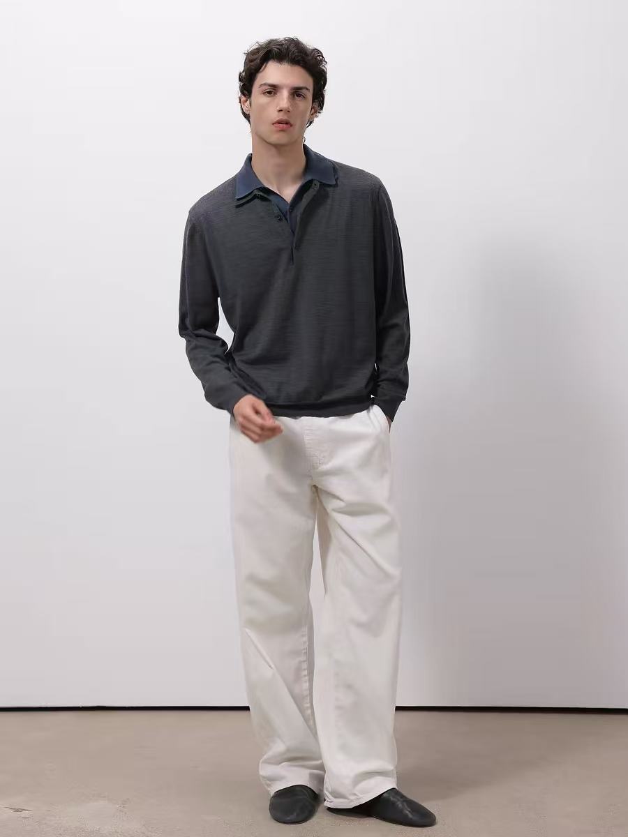 Merino Wool Contrast Collar Polo Sweater