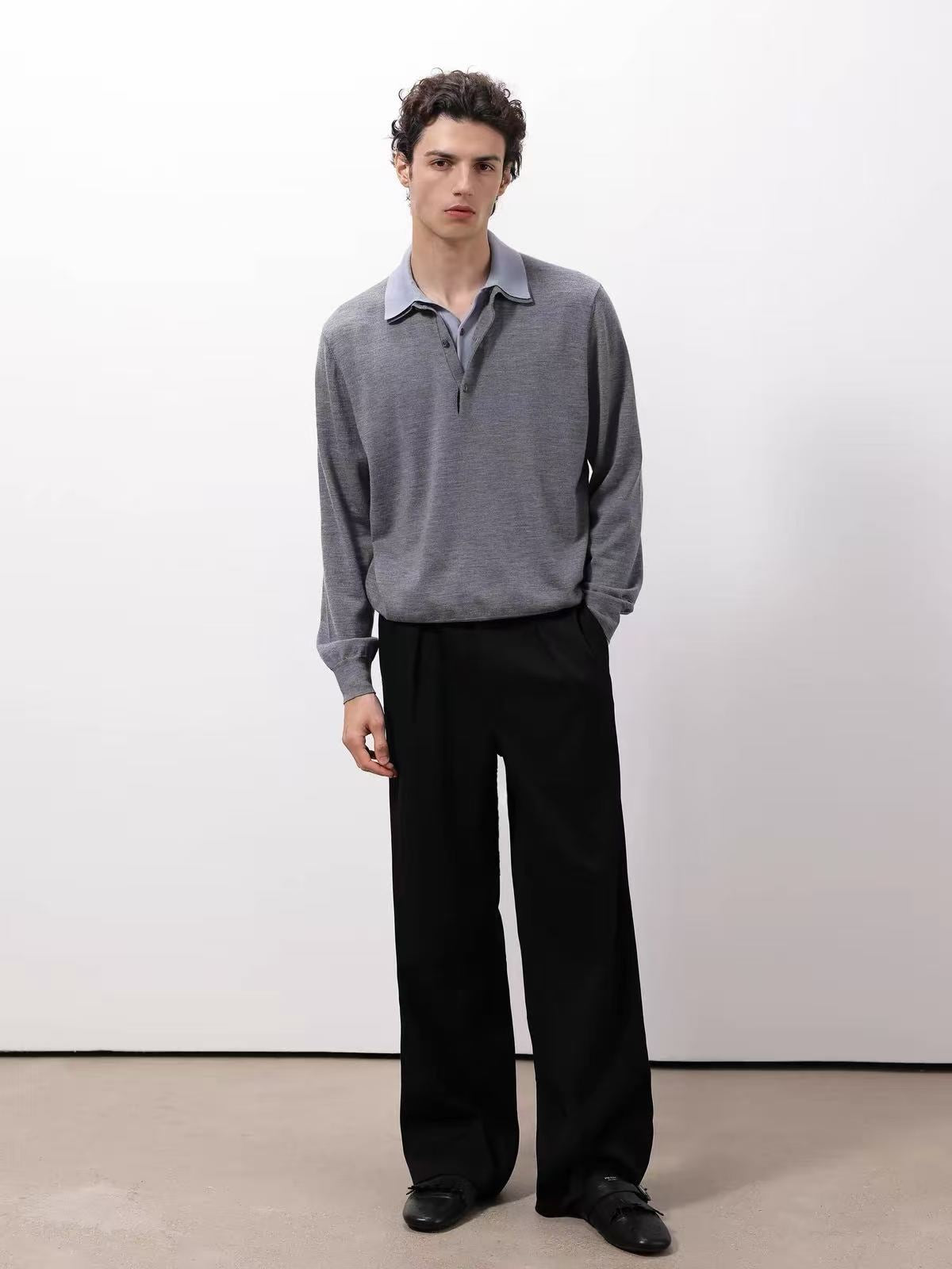 Merino Wool Contrast Collar Polo Sweater