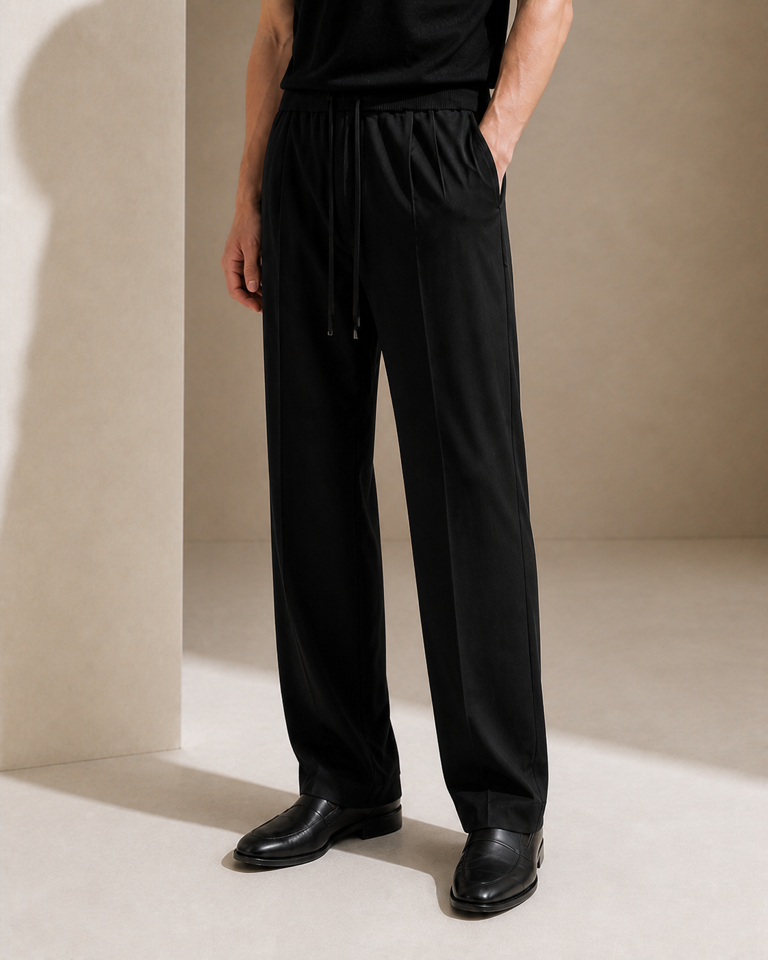 Wool–Triacetate Drawstring Trousers – Black
