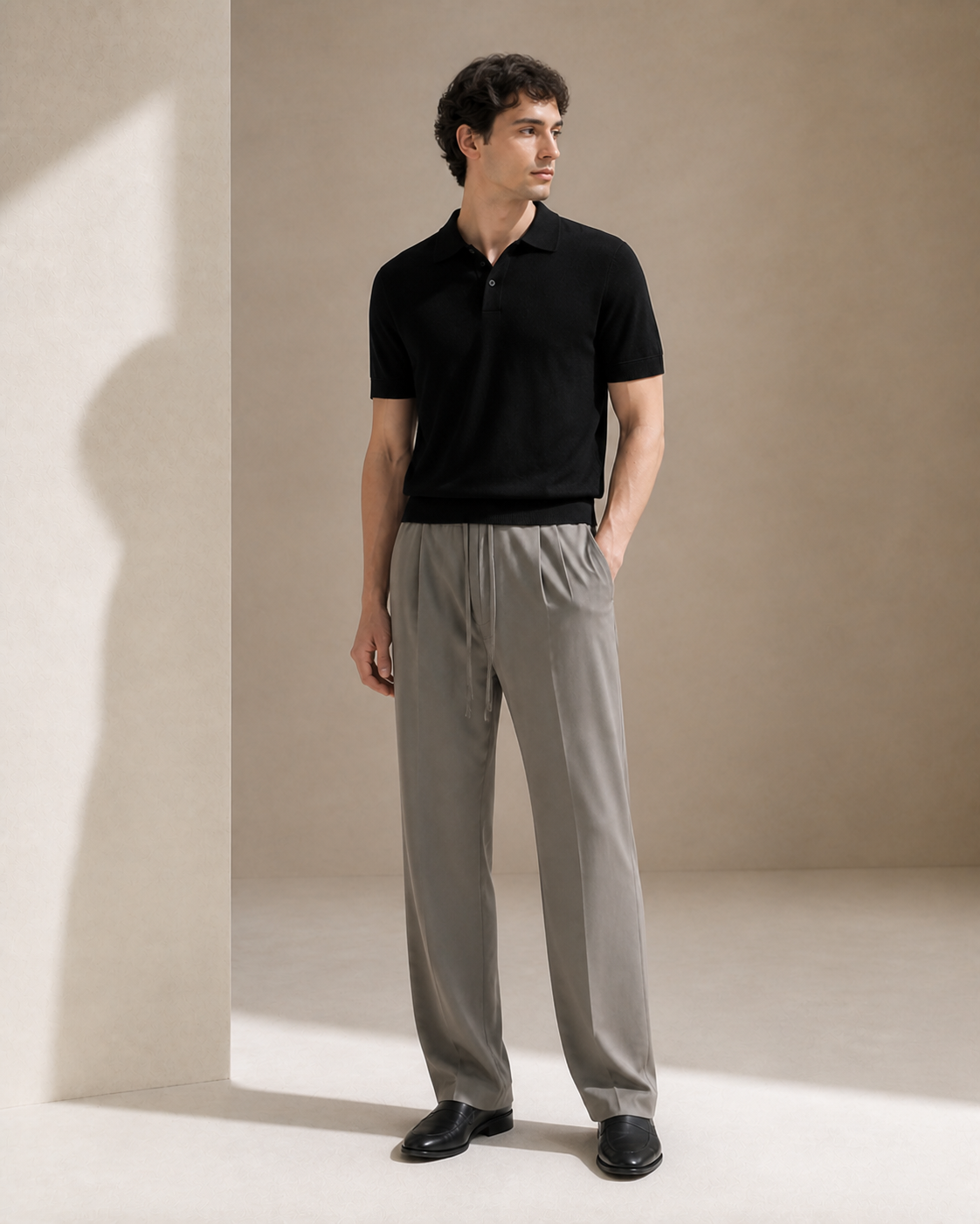 Wool–Triacetate Drawstring Trousers – Olive Grey